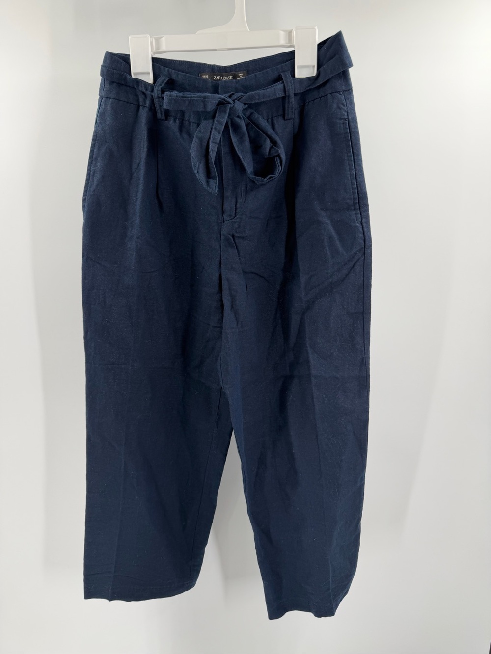 Zara Navy Blue Straight Leg Cropped Ankle Pant Size XS Linen Blend Belted